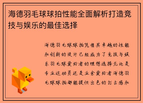 海德羽毛球球拍性能全面解析打造竞技与娱乐的最佳选择