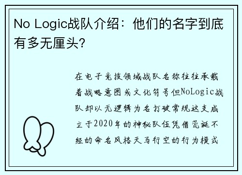 No Logic战队介绍：他们的名字到底有多无厘头？