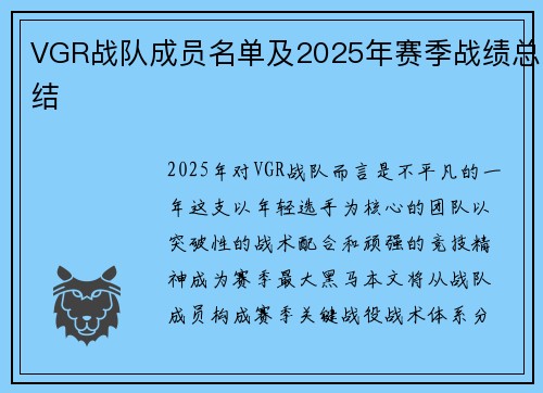 VGR战队成员名单及2025年赛季战绩总结